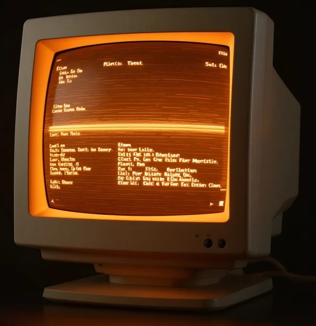 A vintage amber computer terminal glowing in the dark, evoking the early hacker era of the 1980s